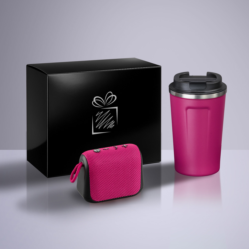 Everyday Set: Nordic-Thermobecher 350 ml & kabelloser Lautsprecher - rosa